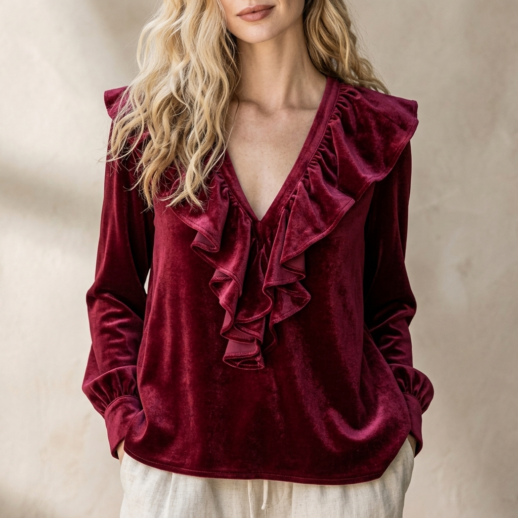 VELOURA V-NECK RUFFLE BLOUSE